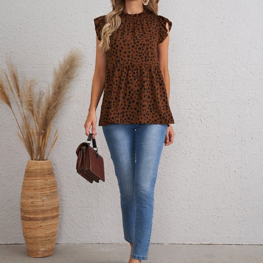 Boho leopard Brown mock neck ruffle peplum top - Picture 4 of 5